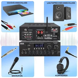 Pyle Audio Hifi Verstärker- mit Bluetooth, 2 Kanal 300W, USB,SD, AUX, FM, Mic Eingänge