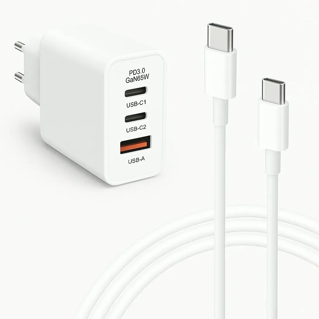 65 W USB-C Schnellladekabel mit Datenfunktion 1m inklusive 65W USB C und USB-A Netzteil Ladeset für Smartphone MacBook Laptop und Tablet kompakt Weiß
