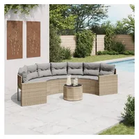 vidaXL Gartensofa mit Tisch und Kissen Halbrund Beige Poly-Rattan