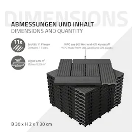 ECD Germany 11x WPC Terrassenfliesen Balkonfliese Klickfliese Mosaik 30x30cm Anthrazit 1m2