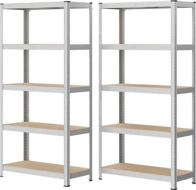 Ochama 2er-Pack silberne 5-stufige Stahlregale – schraubenlose Montage, je 90 x 40 x 180 cm, Tragfähigkeit 875 kg pro Einheit – schwere Aufbewahrungsregale für Garage oder Schuppen