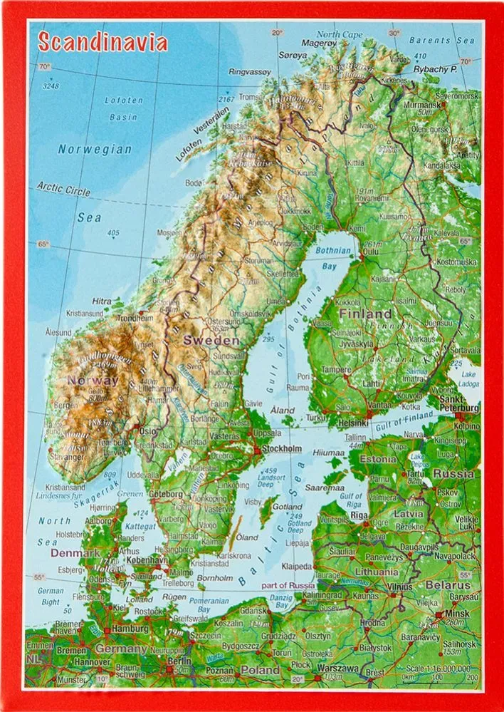 Georelief Reliefpostkarte Skandinavien  