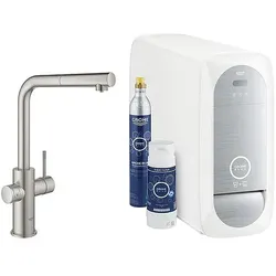 Spültischmischer Grohe Blue Home Starter Kit, herausziehbarer L-Auslauf supersteel mit Filter S-Size, CO2 Flasche und Kühler - 31539DC0