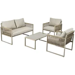 Merax Garten-Lounge-Set mit verzinktem Eisenrahmen, Gartenmöbel-Set aus Seil, khakifarbenem Seil mit Sitzkissen, verstellbaren Füßen, 4er-Set