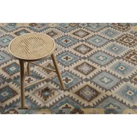 Green Looop Wollteppich GREEN LOOOP "Migny", blau (hellblau), B:80cm H:5mm L:150cm, Wolle, Teppiche, Fransen, Kelim, handgewebt, Natur, Wohnzimmer, Schlafzimmer, Raute