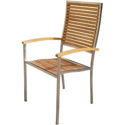 OUTFLEXX Stuhl aus Edelstahl/FSC-Teakholz mit hoher Rückenlehne und Armlehnen, stapelbar