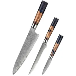 Muxel 3-tlg. Damast Messer Set. Kochmesser - extra scharfe Profimesser mit unikatem Farbholzgriff