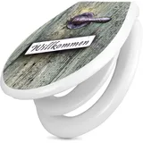 banjado Familien WC Sitz mit Absenkautomatik 44,9x37,1cm - Klobrille mit Kindersitz aus hochwertigem Polypropylen - Toilettendeckel mit Kinder Toilettensitz integriert - Motiv Willkommen