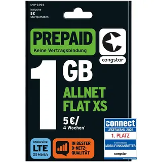 Congstar Prepaid ALLNET XS SIM-Karte ohne Vertrag –1 GB im D-Netz Qualität für Wenigsurfer I 5G mit 25 Mbit/s, 10€ Startguthaben, Telefon & SMS Flat in alle dt. Netze, EU-Roaming inkl., ohne Vertrag.