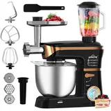 HOMELUX Küchenmaschine 3in1 Multifunktions Standmixer, 2000 W, 5 l Edelstahlschüssel,6 Geschwindigkeiten Knetmaschine Fleischwolf Rührmaschine... - Schwarz