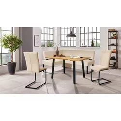 Eckbankgruppe HOME AFFAIRE "Oliver", weiß (moonbeam, schwarz), B:220cm H:89cm T:160cm, FSC-zertifizierter Holzwerkstoff, FSC-zertifiziertes Massivholz, Metall, Polyester, Sitzmöbel-Sets, Eckbank mit Wellenunterfederung im Sitz, Tisch Massiv Eiche