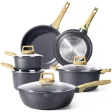 GiPP Topfset 10-Teiliges, Granit Topf und Pfannenset mit Antihaftbeschichtung, 24+28cm Pfanne + 28 cm Hoher Rand, 16+18+24cm Kochtopfset, Topfset Induktion Cookware Set für alle Herdarten, Dunkelgrau