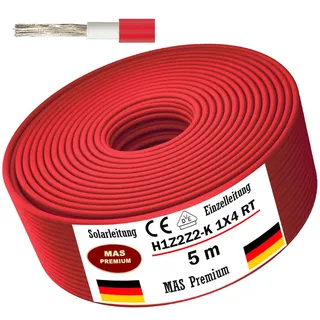 Solarleitung H1Z2Z2-K 4, 6, oder 10 mm2 Von 5 bis 200m Solarkabel Schwarz, Rot oder Blau Erdverlegbare Einzelleitung Photovoltaik Halogenfrei Doppelt isoliert (H1Z2Z2-K 4, Rot, 5m)
