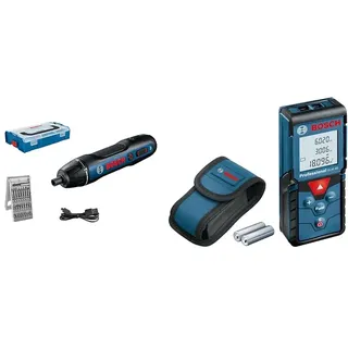 Bosch Professional Akkuschrauber GO (25-tlg. Bit-Set, USB-Ladekabel, L-BOXX Mini) & Laser Entfernungsmesser GLM 40 (Flächen-/Volumenberechnung, max. Messbereich 40 m, 2x1,5-V Batterien, Schutztasche)