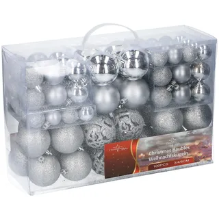DEUBA Weihnachtsgeschenke Set mit 100 Weihnachtskugeln – Dekoration – unzerbrechlich – für drinnen und draußen – Kunststoff – Ø3/4/6 cm – matt, glänzend, glitzernd und offen – Silber