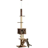 PawHut Kratzbaum Deckenhoch, Katzenbaum, 225-265 cm Katzenkratzbaum mit Katzenhöhle, Kratzstämmen, Spielball, Katzenmöbel mit Kippschutz, Braun