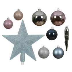 33 Weihnachtskugeln Kunststoff mit Christbaumstern Set bruchsicher Christbaumkugeln Weihnachtsbaumkugeln Christbaumspitze Rosa Blau Mix
