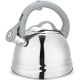 Klassischer Herdkessel 2,5L Wasserkessel mit Deckel und Pfeifton geeignet für Induktion Elektro-Gasherd Platte Edelstahl Silber - Silber/Grau