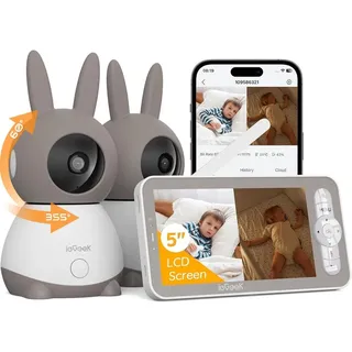 2K Babyphone mit 2 Kameras APP 5 Zoll HD Baby Phone WLAN Video babyfone Split-Screen PTZ 355°/60° Nachtsicht Weinen/Bewegungs/Geräuscherkennung - Grau