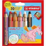 Stabilo Buntstift, Wasserfarbe & Wachsmalkreide - STABILO woody 3 in 1 - Jubiläumsedition - Einhorn - 6er Pack mit Spitzer - 6 Farben