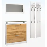 Garderobenset Garderobe Paneel Schuhschrank Spiegel Flur Hochglanz Weiß Finn - Weiß-Eiche Wotan