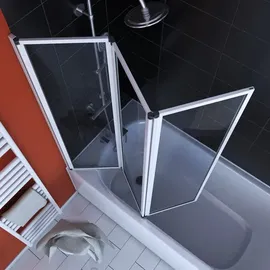 Marwell Badewannenfaltwand weiß 3-teilig 125x143 cm, Schwenkbare Duschwand für Badewanne, 4 mm Sicherheitsglas, Aluminiumprofile ohne sichtbare Verschraubungen, beidseitig montierbar