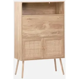 sweeek - Schreibschrank / Sekretär, 2 Türen und Regale, Holzeffekt, und Rohrgeflecht,