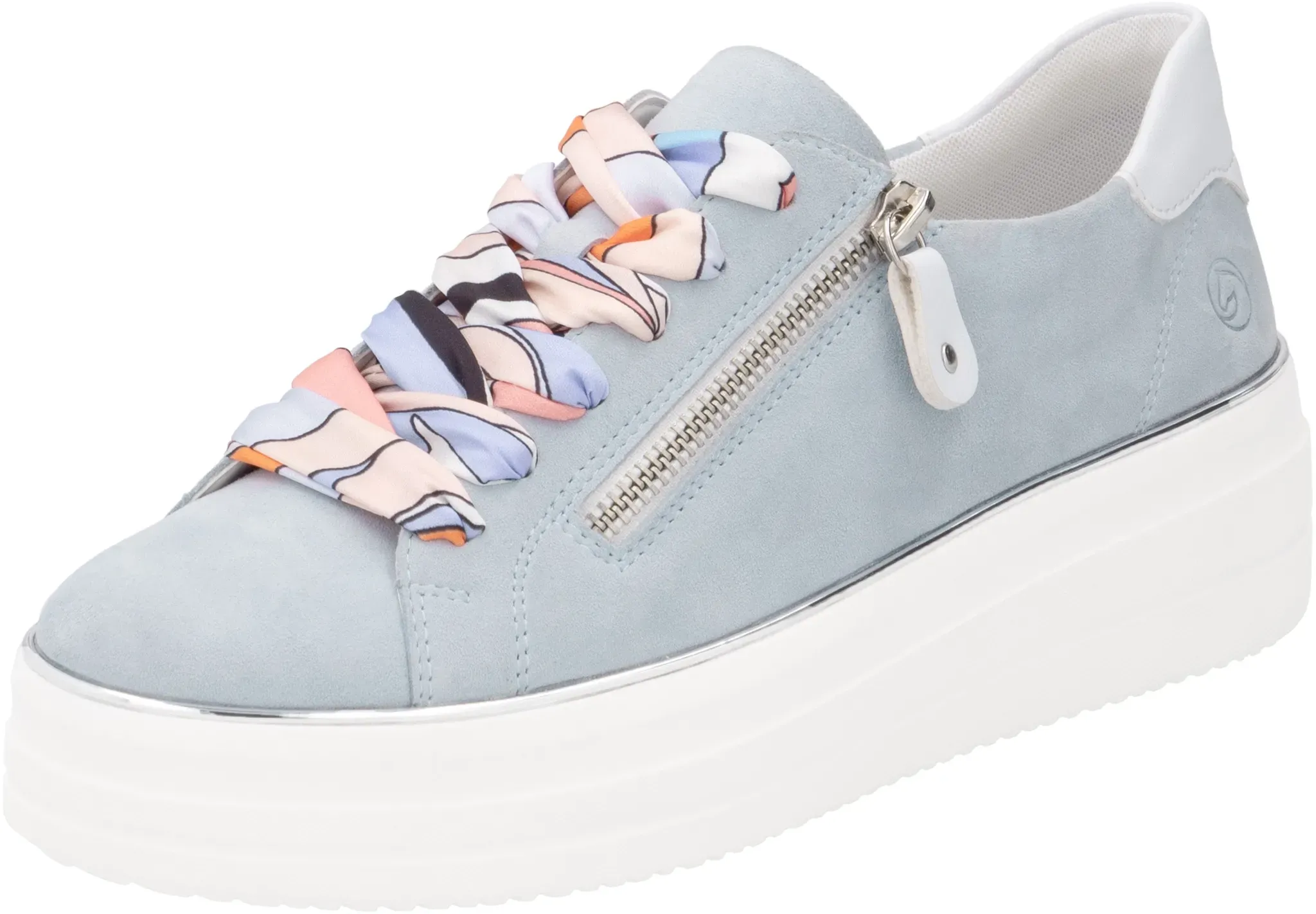 Plateausneaker REMONTE, Damen, Gr. 40, weiß (hellblau, weiß), Veloursleder, kontrastfarbene Details, Schuhe Plateausneaker, Freizeitschuh, Halbschuh, Schnürschuh mit seitlichem Reißverschluss
