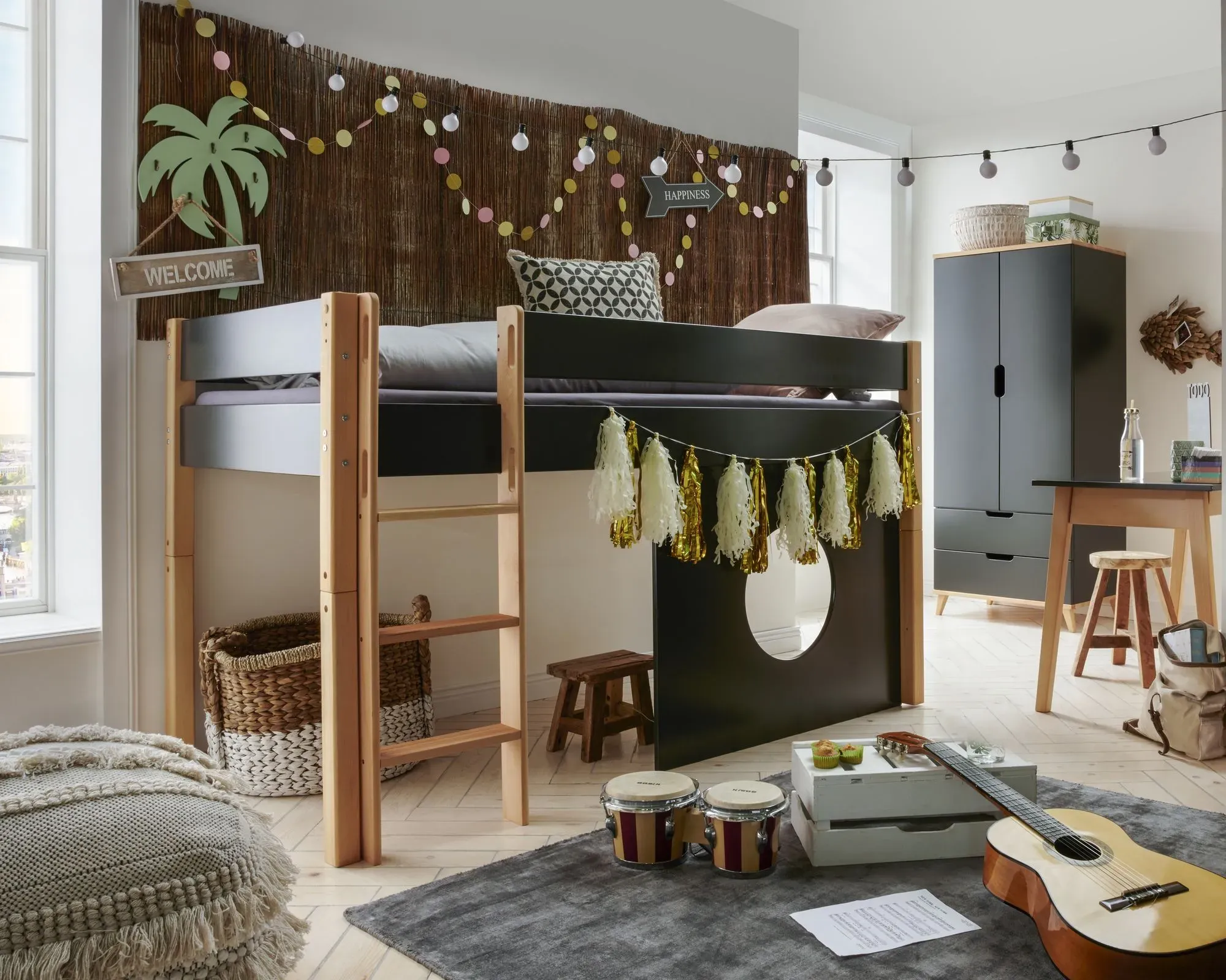 INFANSKIDS »Infanscolor« Kinderzimmer Halbhochbett anthrazit  – erhältlich in 2 Größen