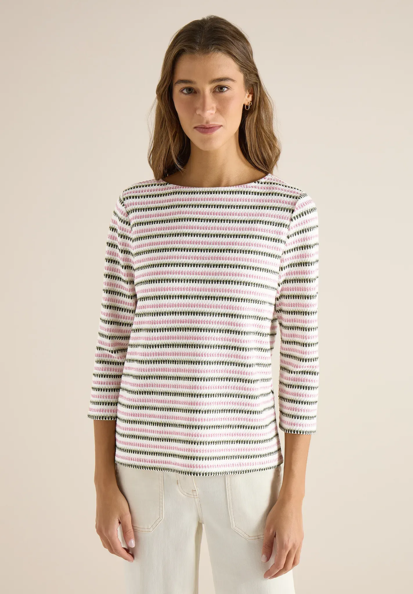 3/4-Arm-Shirt CECIL, Damen, Gr. XXL (46), raw khaki, Stoff, 65% Polyester, 30% Viskose, 5% Elasthan, gestreift, normal normal, U-Boot-Ausschnitt, abgesteppt, Shirts 3/4-Arm-Shirt, mit 3/4 Ärmeln