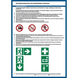 Aushang, Betriebsanweisung für Fremdfirmen Personal - ISO 7010 Piktogramme - 297x420x1.5 mm Kunststoff