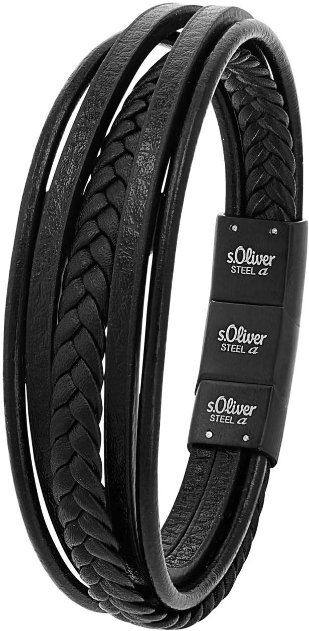 s.Oliver Armband Edelstahl Leder Herren Armschmuck, 20+1,5 cm, Schwarz, Kommt in Schmuck Geschenk Box, 9038244