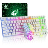 87 Tasten Drahtlose Tastatur Maus Combo Regenbogen von hinten beleuchtet 2.4G wiederaufladbare mechanische Feel Gaming-Tastatur+2400DPI 6 Tasten Optische Regenbogen-LED-Gaming-Maus+Mauspads (Weiß)