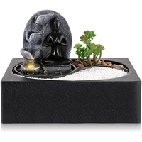 Dyna-Living Zimmerbrunnen Tischbrunnen, Brunnen Polyresin Springbrunnen LED-Beleuchtung, Tischplatte Wasserbrunnenl mit Sand Steinen & Pflanzen Dekorationen, Sitzende Buddha Brunnen, 29 x 21 x 23cm