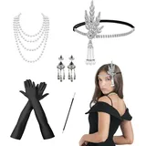 XNIVUIS 5 Stück 20er Jahre Accessoires 1920er Jahre Zubehör Set, 1920s Kostüm Damen Flapper Accessoires Set, Great Gatsby Party Kostüme, Lange Handschuhe Künstliche Perlenkette Ohrringe