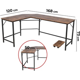 Vendomnia Schreibtisch L Form - industrial Design, aus Metall, 138x138 cm, mit mobiler Ablage, Schwarz Braun - Eckscreibtisch, Com - Schwarz