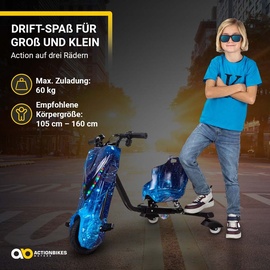 Actionbikes Motors Elektro-Drift-Trike für Kinder, Drift-Scooter, bis zu 15km/h, drosselbar, Hupe, LED-Driftrollen 360° (Space Blue)