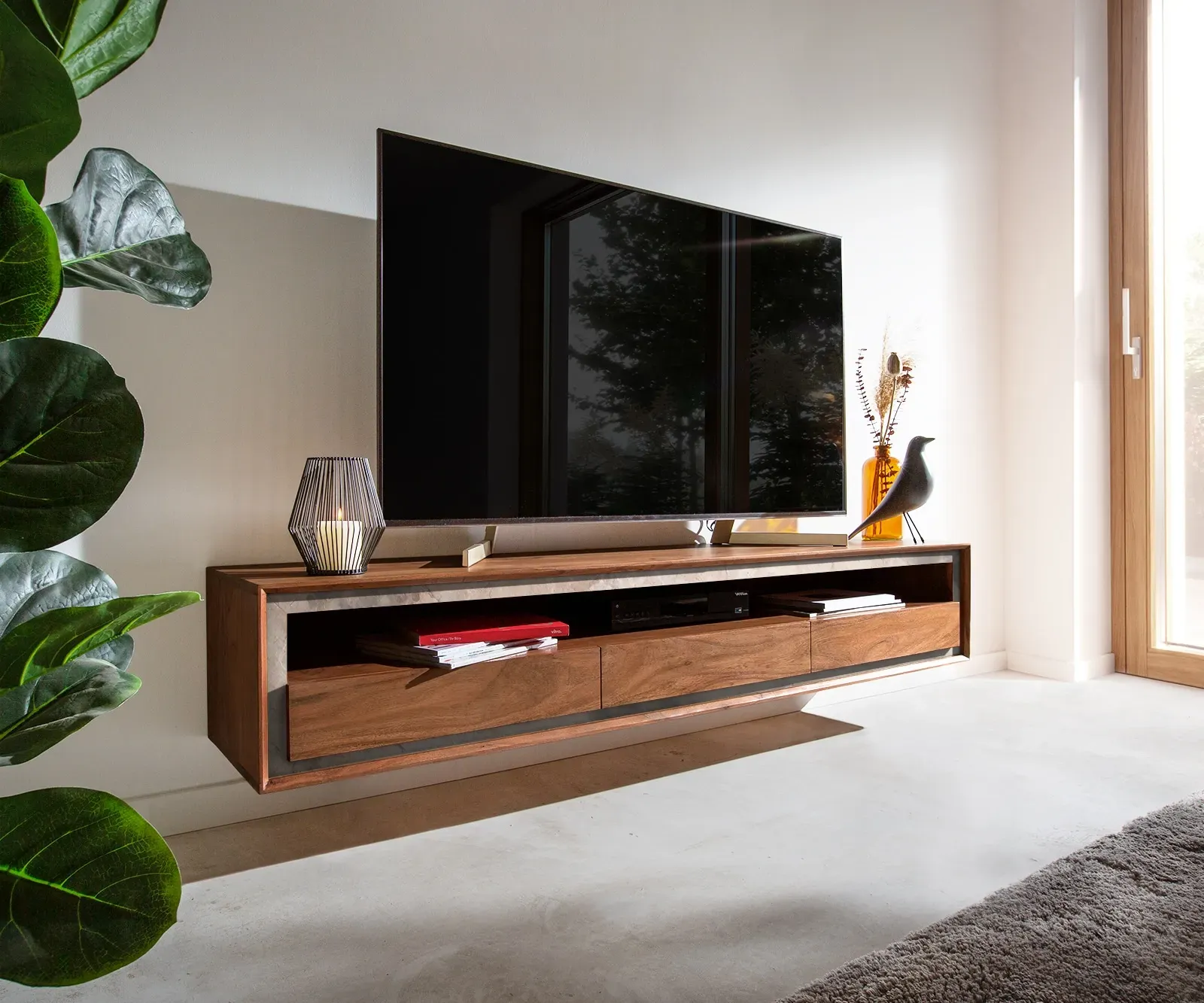 DELIFE Meuble-TV Stonegrace 175 cm acacia marron placage pierre 3 tiroirs 1 compartiment suspendu, Meubles-TV