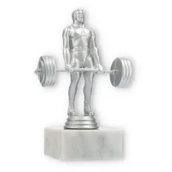 Pokal Kunststofffigur Kraftdreikampf Kreuzheben silbermetallic auf weißem Marmorsockel 16,0cm