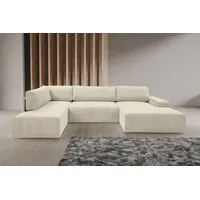 Wohnlandschaft WERK2 "Hugo-U U-Form" Sofas Gr. B/H/T: 329cm x 85cm x 195cm, Cord, Recamiere rechts, Schlaffunktion und Bettkasten, beige (natur) Design Wohnlandschaft in Cord mit Schlaffunktion & Bettkasten