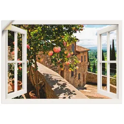 Wandbild ARTLAND "Fensterblick Rosen auf Balkon Toskana", weiß (farbe bild(er): weiß), B:130cm H:90cm, Bilder, als Alubild, Outdoorbild, Leinwandbild, Poster, Wandaufkleber