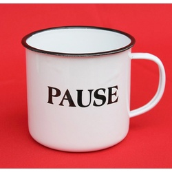 Ambiente Haus Tasse Tasse Becher Emailletasse Kaffeetasse Teetasse Emaille weiß Nostalgie ‚PAUSE‘ weiß