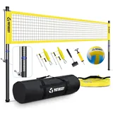 Patiassy Tragbares professionelles Volleyball-Set für Outdoor, Hinterhöfe, höhenverstellbare Aluminiumstangen und Seilwinde für Anti-Schlag, Gelb