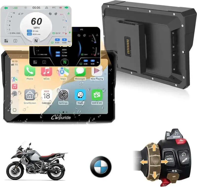Carpuride W702BS Pro Motorrad-CarPlay-Display mit nativem Wonder Wheel für BMW Motorrad, kabelloses CarPlay & Android Auto, 7 Zoll wasserdichtes Touchscreen, Dual-Bluetooth, Intercom-Funktion, Datenspiegelung