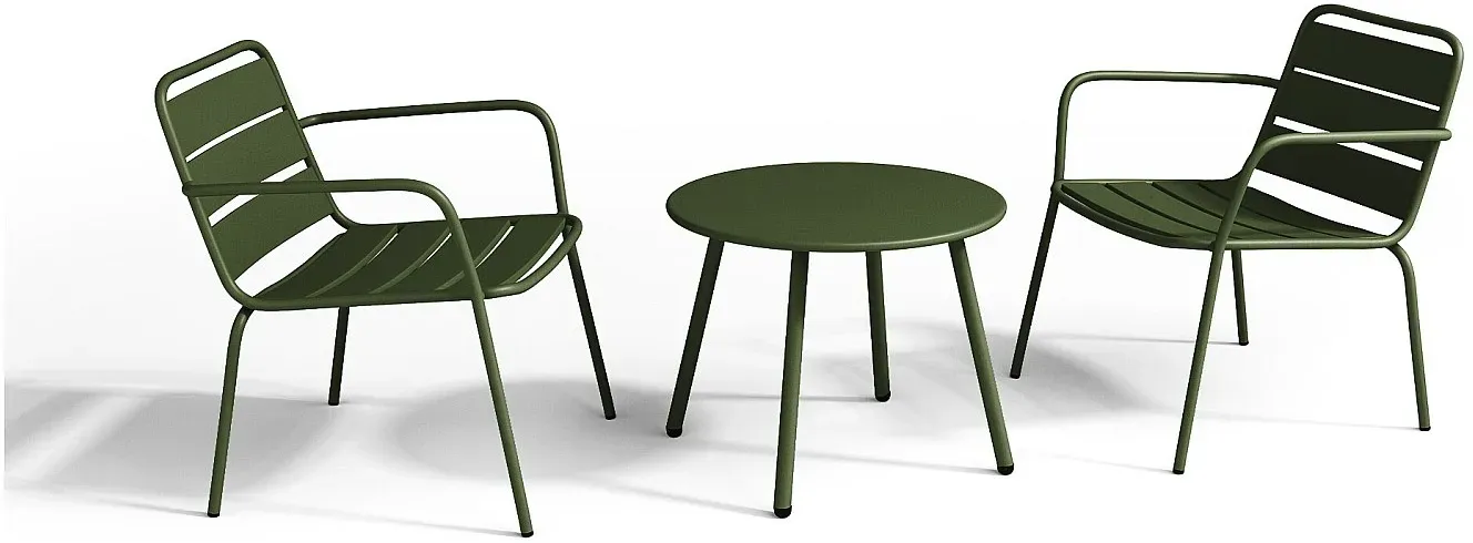 Garten-Sitzgruppe: Beistelltisch + 2 stapelbare Sessel - Metall - Khaki - MIRMANDE von MYLIA