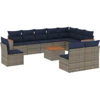 vidaXL 11-teiliges Gartensofa-Set mit Kissen, grau, Polyrattan - Grau