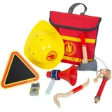 Small Foot Feuerwehrrucksack mit Zubehör, Feuerwehr-Spielzeug aus Holz fürs Rollenspiel, für Kinder ab 3 Jahren, 12361, Rot und Gelb