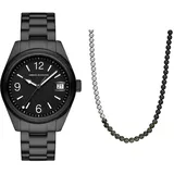 Armani Exchange Herren Schwarze Edelstahl-Uhr und Silber-Ton Halskette, Set