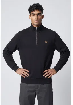 Fred Perry für Herren. M3574 Sweatshirt mit halblangem Reißverschluss schwarz (M), Lässig, Baumwolle