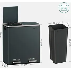 Songmics Mülleimer 2 x 30 Liter, 2 Fächer, Mülltrennsystem, Treteimer, Abfalleimer Küche, 15